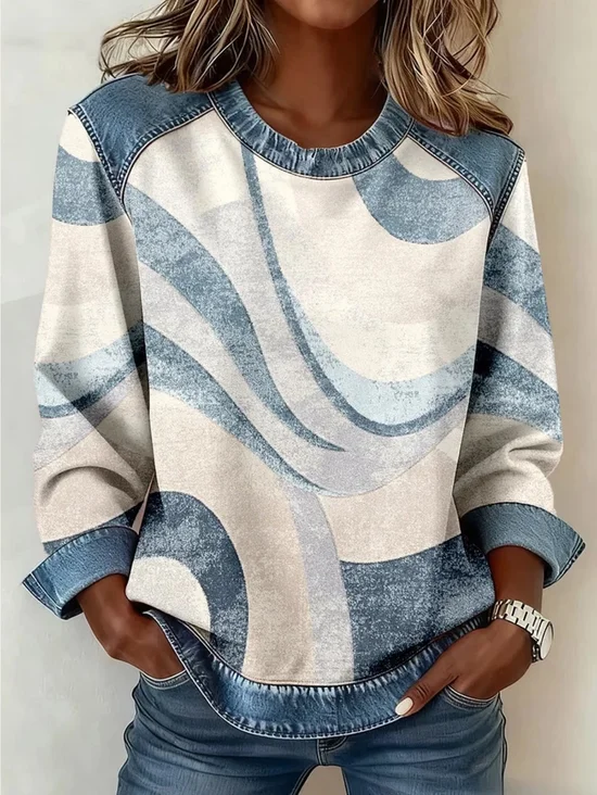 Women Abstract Crew Neck Printing Vintage Spring/Fall Long Sleeve Sweatshirt
