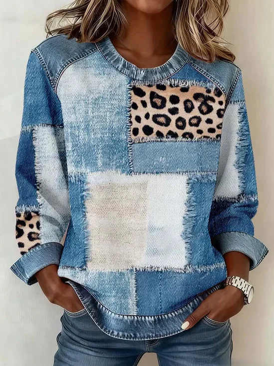 Women Leopard Crew Neck Printing Vintage Spring/Fall Long Sleeve Sweatshirt