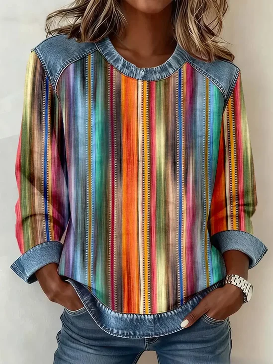 Women Abstract Stripes Crew Neck Printing Vintage Spring/Fall Long Sleeve Sweatshirt