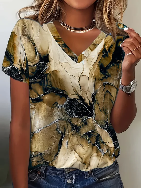 Women
                      Abstract Short Sleeve Tee T-shirt V Neck Casual
                      Summer Top