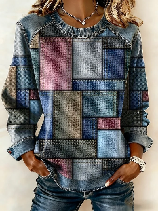 Women Abstract Crew Neck Printing Vintage Spring/Fall Long Sleeve Sweatshirt