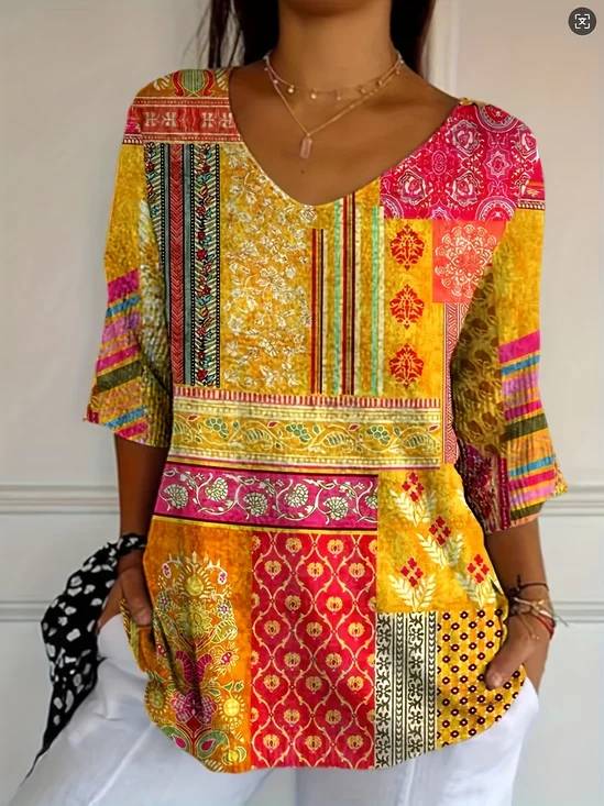 Women Floral Three Quarter Sleeve Tee T-shirt V Neck Printing Casual Graphic Tee Spring/Fall Top