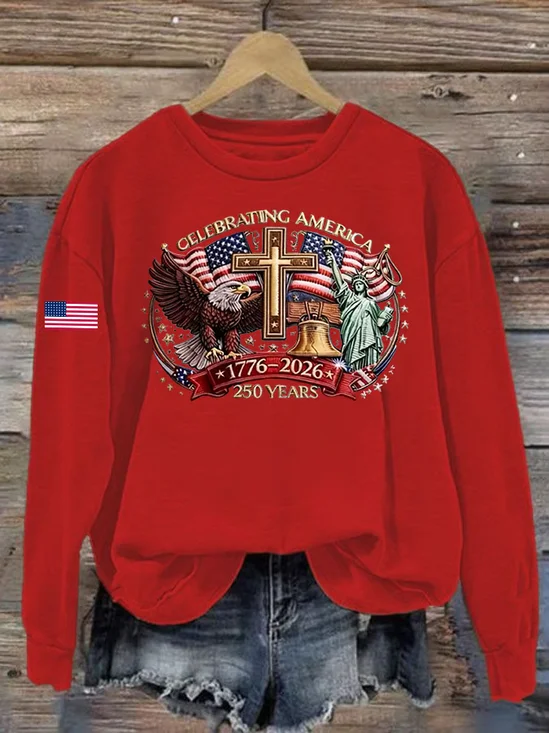 Women America Flag Crew Neck Printing Casual Spring/Fall Long Sleeve Sweatshirt