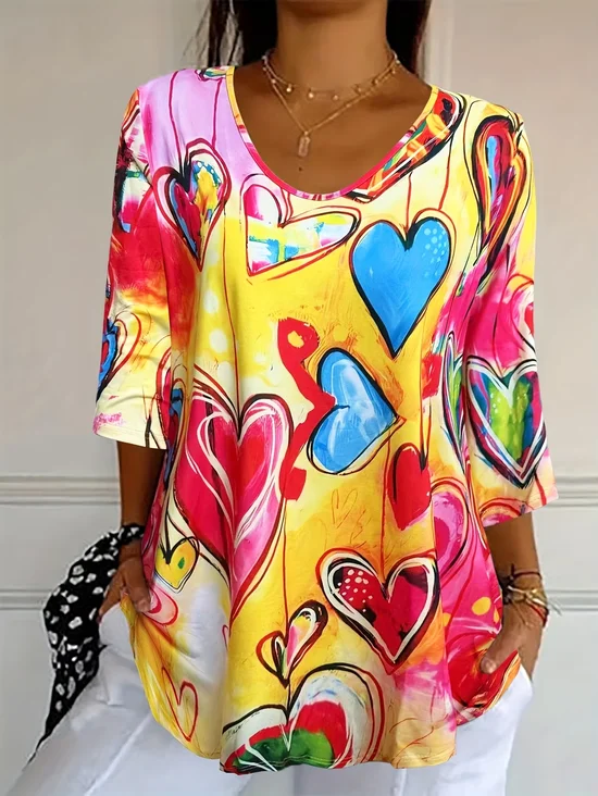 Women Heart/Cordate Three Quarter Sleeve Tee T-shirt V Neck Printing Casual Graphic Tee Spring/Fall Top