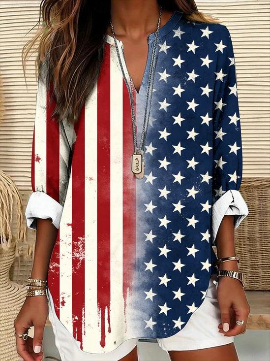 Women America Flag V Neck Long Sleeve Blouse Printing Casual Daily Spring/Fall Top