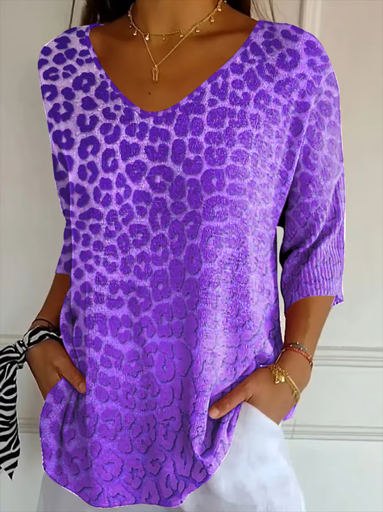 Women Leopard Three Quarter Sleeve Tee T-shirt V Neck Printing Casual Graphic Tee Spring/Fall Top