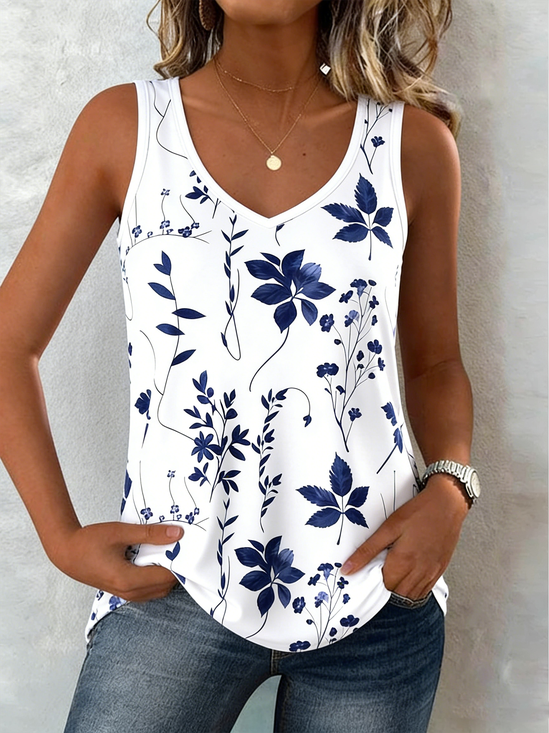 Women Sleeveless Tank Top Camisole Summer Floral V Neck Daily Casual Top