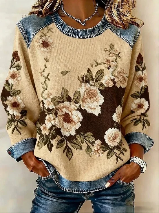 Women Floral Crew Neck Printing Vintage Spring/Fall Long Sleeve Sweatshirt