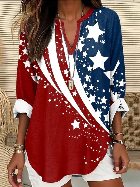 Women America Flag V Neck Long Sleeve Blouse Printing Casual Daily Spring/Fall Top