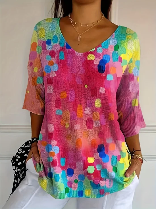 Women Abstract Three Quarter Sleeve Tee T-shirt V Neck Printing Casual Graphic Tee Spring/Fall Top