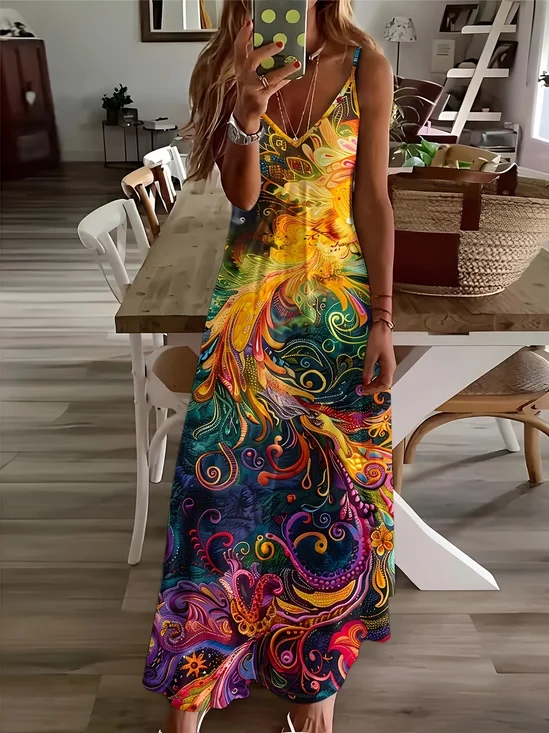 Women Abstract Sleeveless V Neck Printing Dress Daily Casual Maxi Slip Dress X-Line Summer Dress