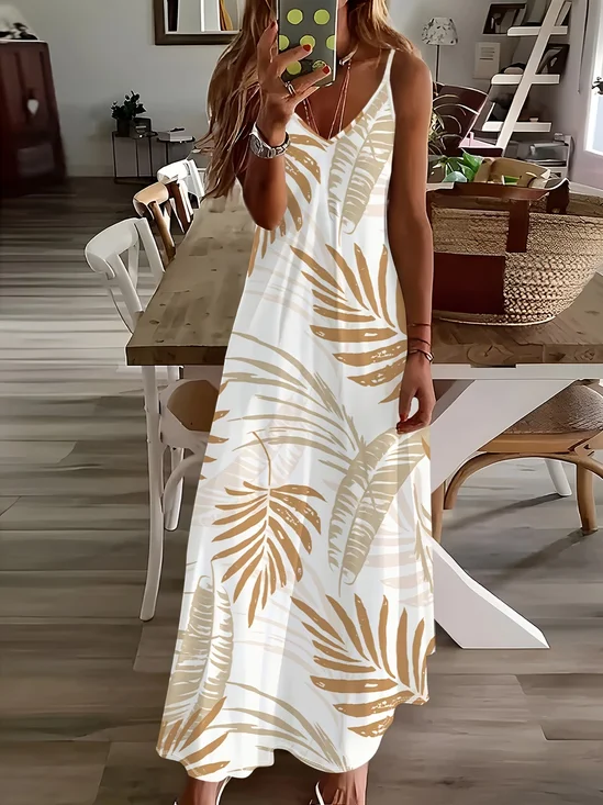 Women Leaf Sleeveless V Neck Printing Dress Daily Casual Maxi Slip Dress X-Line Summer Dress