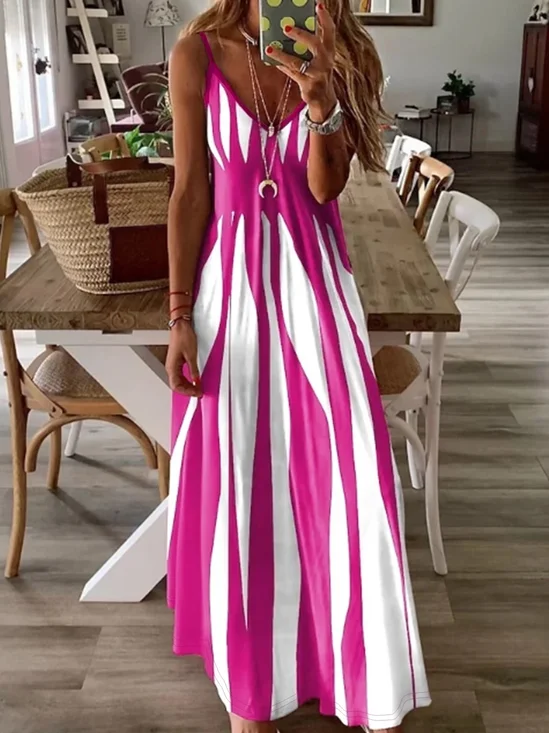 Women Abstract Stripes Sleeveless V Neck Printing Dress Daily Casual Maxi Slip Dress X-Line Summer Dress