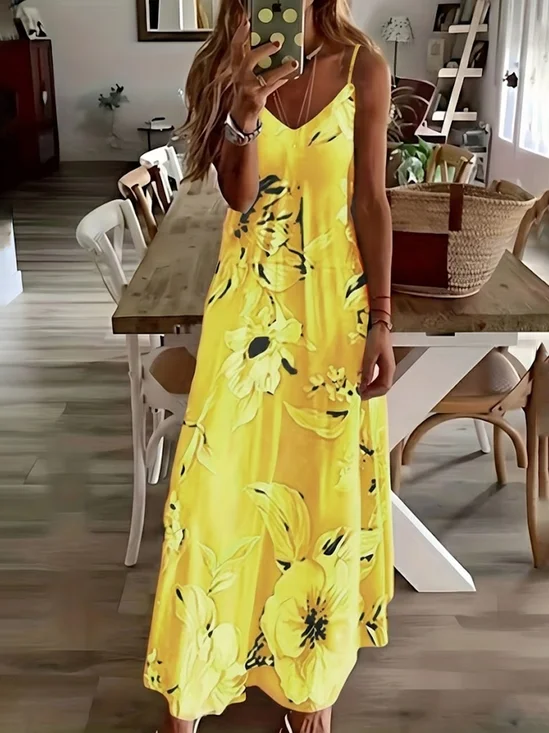 Women Floral Sleeveless V Neck Printing Dress Daily Casual Maxi Slip Dress X-Line Summer Dress