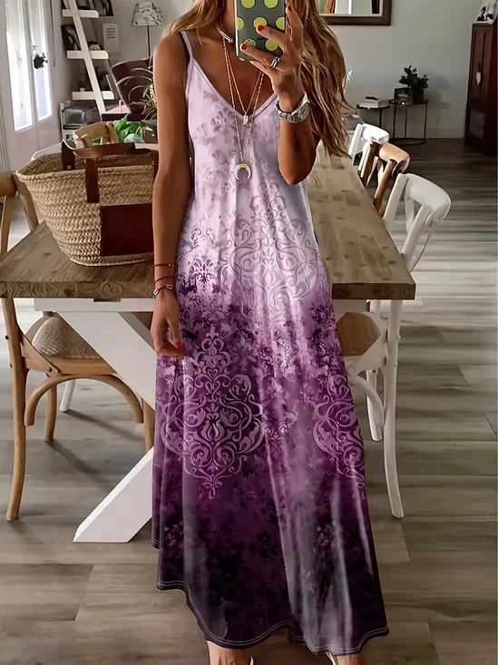 Women Abstract Sleeveless V Neck Printing Dress Daily Casual Maxi Slip Dress X-Line Summer Dress