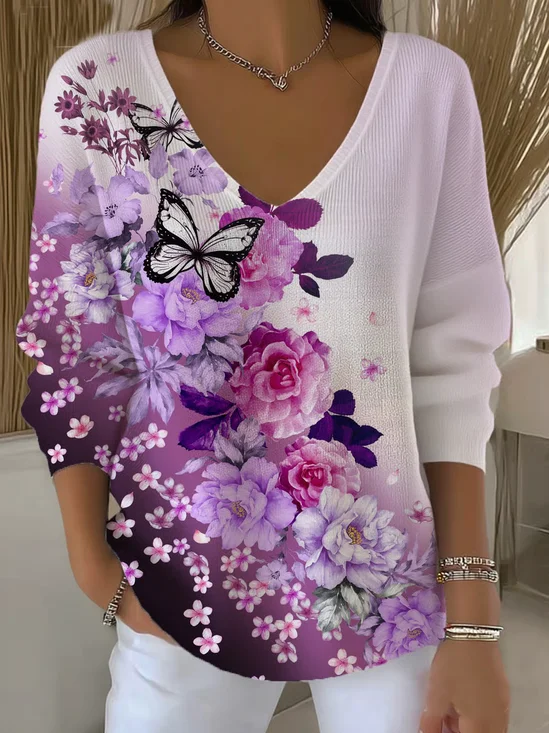 Women
                      Floral Long Sleeve Tee T-shirt V Neck Printing
                      Casual Spring/Fall Top