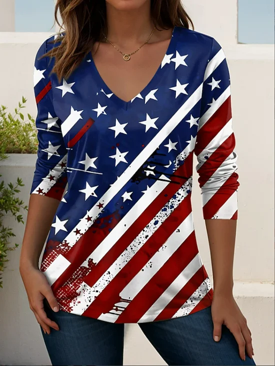Women
                      America Flag Long Sleeve Tee T-shirt V Neck
                      Printing Casual Graphic Tee Spring/Fall Top