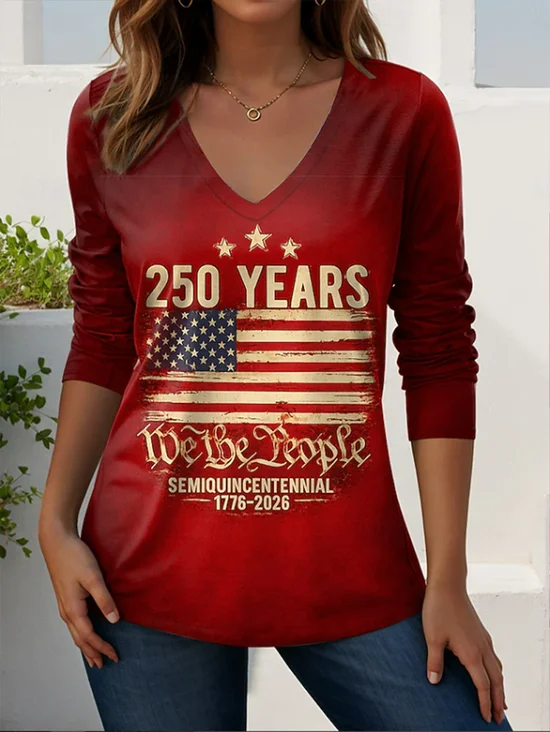 Women
                      Text Letters Long Sleeve Tee T-shirt V Neck
                      Printing Casual Graphic Tee Spring/Fall Top