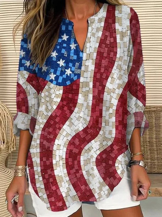 Women America Flag V Neck Long Sleeve Blouse Printing Casual Daily Spring/Fall Top