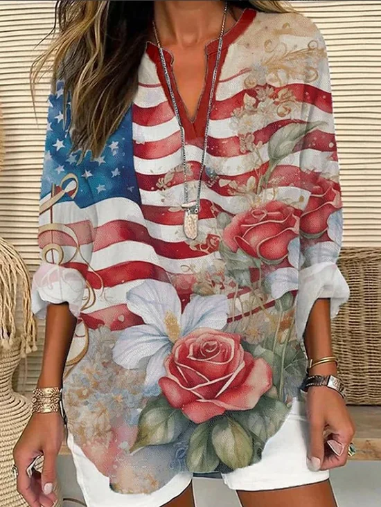 Women Floral V Neck Long Sleeve Blouse Printing Casual Daily Spring/Fall Top