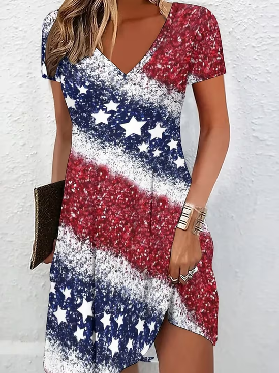 Women America Flag Short Sleeve V Neck Dress Daily Casual Midi Fit & Flare Dress A-Line Summer Dress