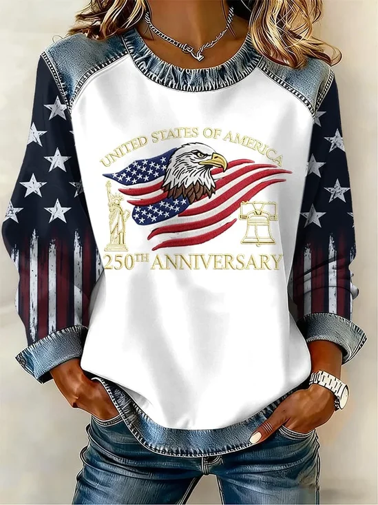 Women America Flag Crew Neck Printing Vintage Spring/Fall Long Sleeve Sweatshirt