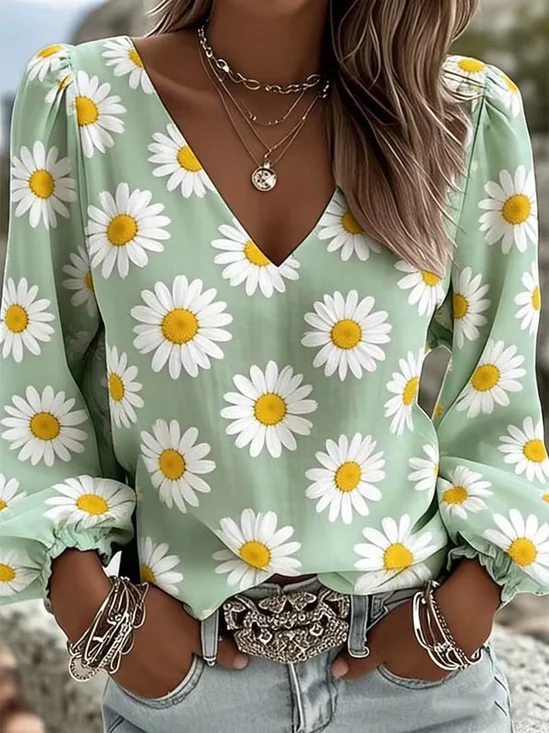Women Floral V Neck Long Sleeve Blouse Printing Casual Daily Spring/Fall Top
