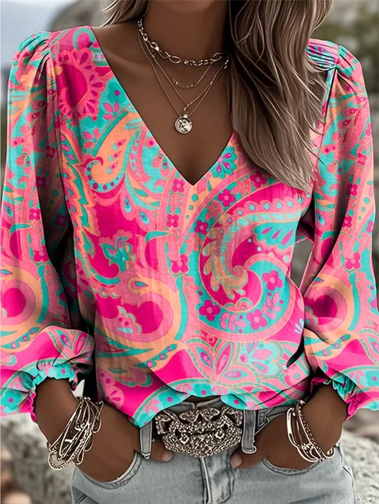 Women Floral V Neck Long Sleeve Blouse Printing Casual Daily Spring/Fall Top
