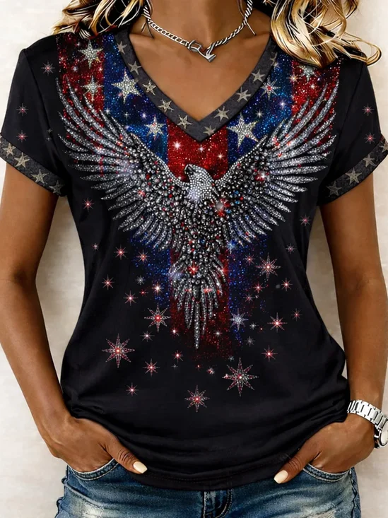 Women Star Short Sleeve Tee T-shirt V Neck Printing Vintage Summer Top