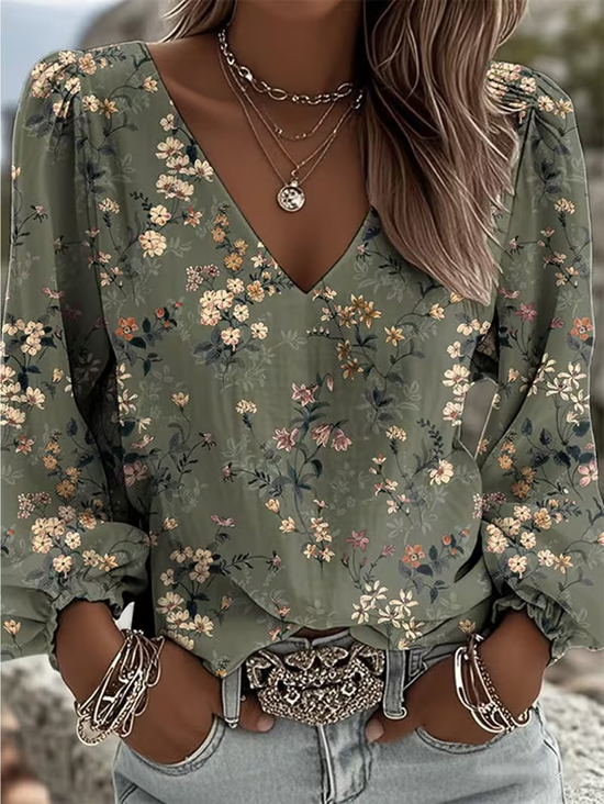 Women Floral V Neck Long Sleeve Blouse Printing Casual Daily Spring/Fall Top