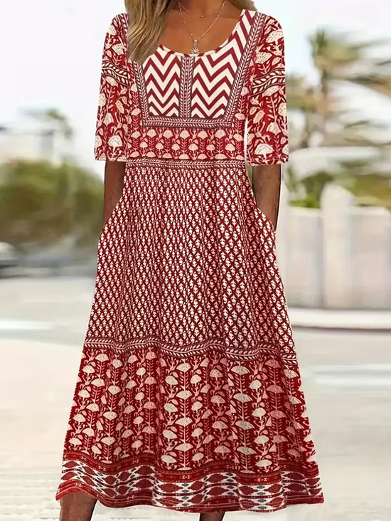 Women Abstract Graphic Short Sleeve Crew Neck Printing Dress Daily Casual Maxi Shift Dress H-Line Summer Dress