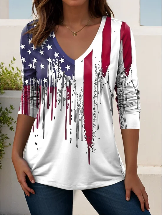 Women
                      America Flag Long Sleeve Tee T-shirt V Neck
                      Printing Casual Graphic Tee Spring/Fall Top