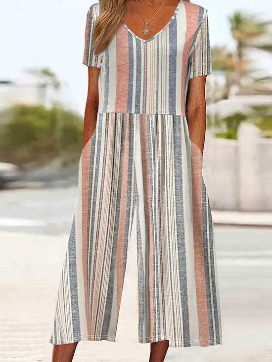 Women Striped V Neck Half Sleeve Casual Summer Jumpsuit