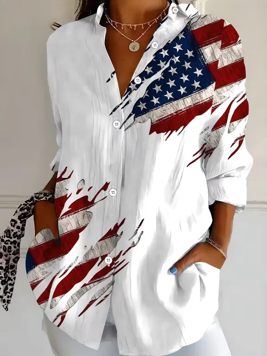 Women 4th of July Patriotic Shirt America Flag Shirt Collar Long Sleeve Button Front Regular Sleeve Casual Daily Spring/Fall Top