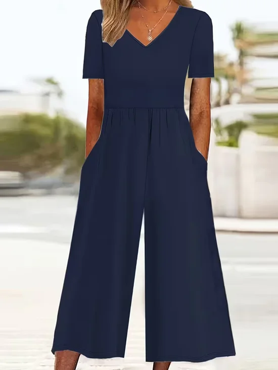 Women Plain V Neck Half Sleeve Casual Summer Jumpsuit