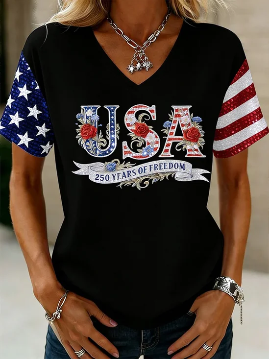 Women Text Letters Short Sleeve Tee
                      T-shirt V Neck Printing Vintage Summer Top