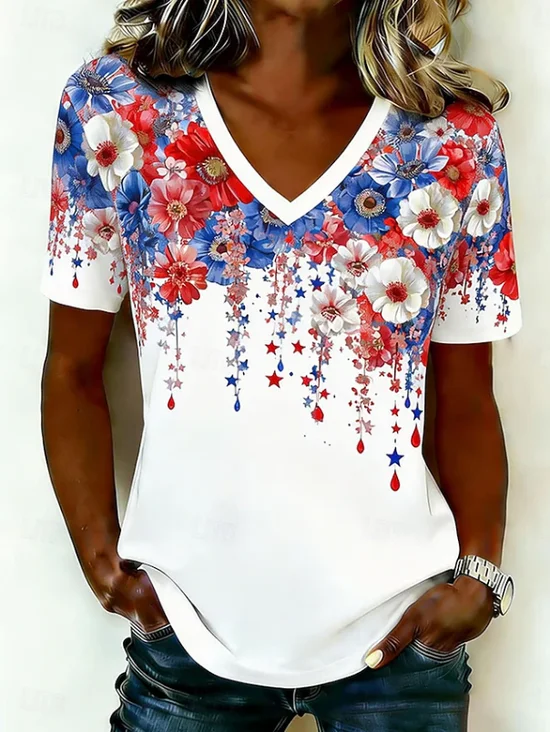 Women
                      Floral Short Sleeve Tee T-shirt V Neck Printing
                      Vintage Summer Top