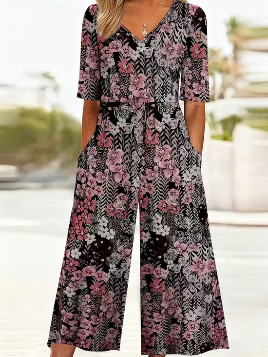 Women Floral V Neck Half Sleeve Casual Summer Jumpsuit