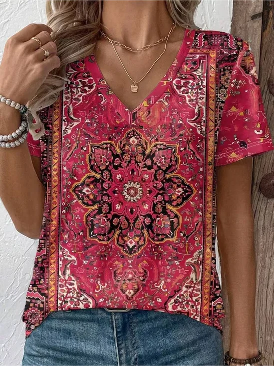 Women
                      Ethnic Short Sleeve Tee T-shirt V Neck Printing
                      Vintage Summer Top