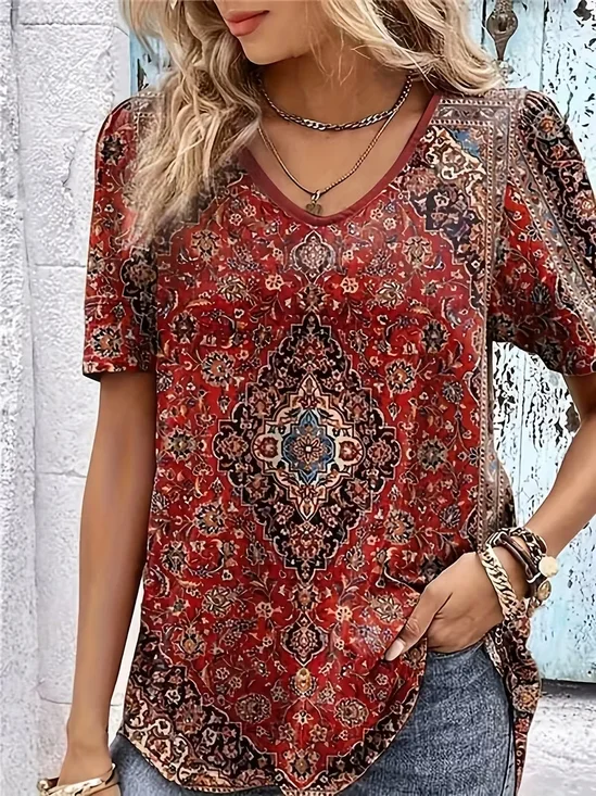 Women
                      Ethnic Short Sleeve Tee T-shirt V Neck Printing
                      Vintage Summer Top