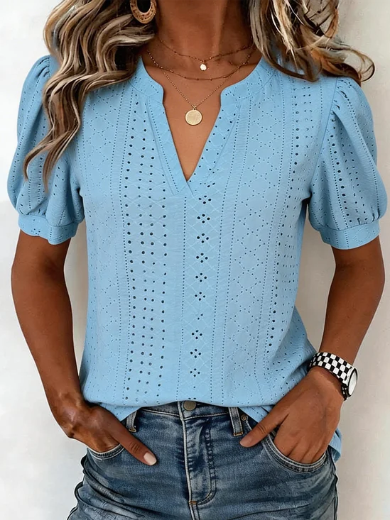 Women Plain Short Sleeve Tee T-shirt V Neck Elegant Summer Top