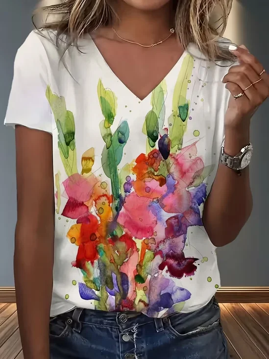 Women Abstract Short Sleeve Tee T-shirt V Neck Printing Vintage Summer Top