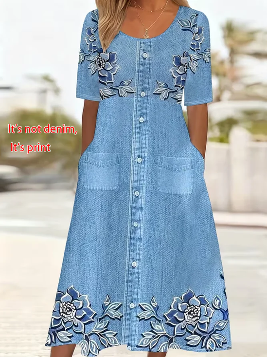 Women Floral Short Sleeve Crew Neck Printing Dress Daily Casual Maxi Shift Dress H-Line Summer Dress
