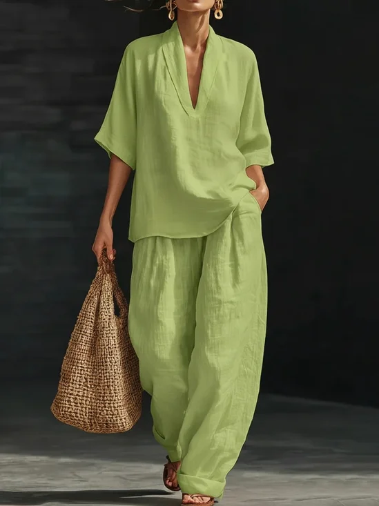 Women Plain Two-Piece Set Daily Three Quarter Sleeve Casual Spring/Fall Top With Pants Matching Set