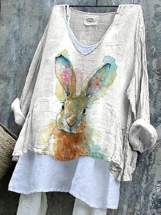 Women Easter (rabbit) V Neck Long Sleeve Blouse Printing Casual Daily Spring/Fall Top