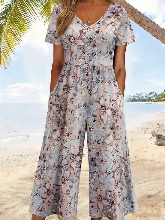 Women Floral V Neck Half Sleeve Casual Summer Jumpsuit