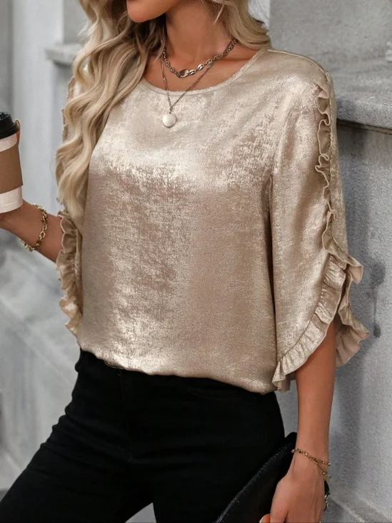 Women Plain Crew Neck Three Quarter Sleeve Shirt Split Joint Ruffle Sleeve Casual Daily Spring/Fall Top