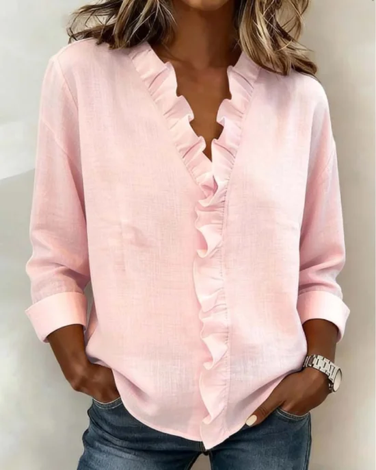 Women Plain V Neck Long Sleeve Shirt Casual Daily Spring/Fall Top