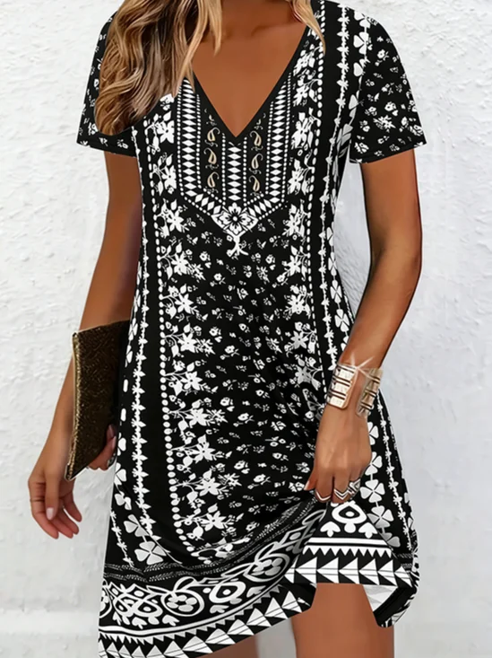 Women Ethnic Short Sleeve V Neck Printing Dress Daily Casual Knee Length T-Shirt Dress H-Line Summer Dress