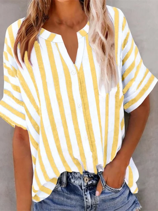 Women Striped V Neck Half Sleeve Shirt Split Joint Casual Daily Summer Top